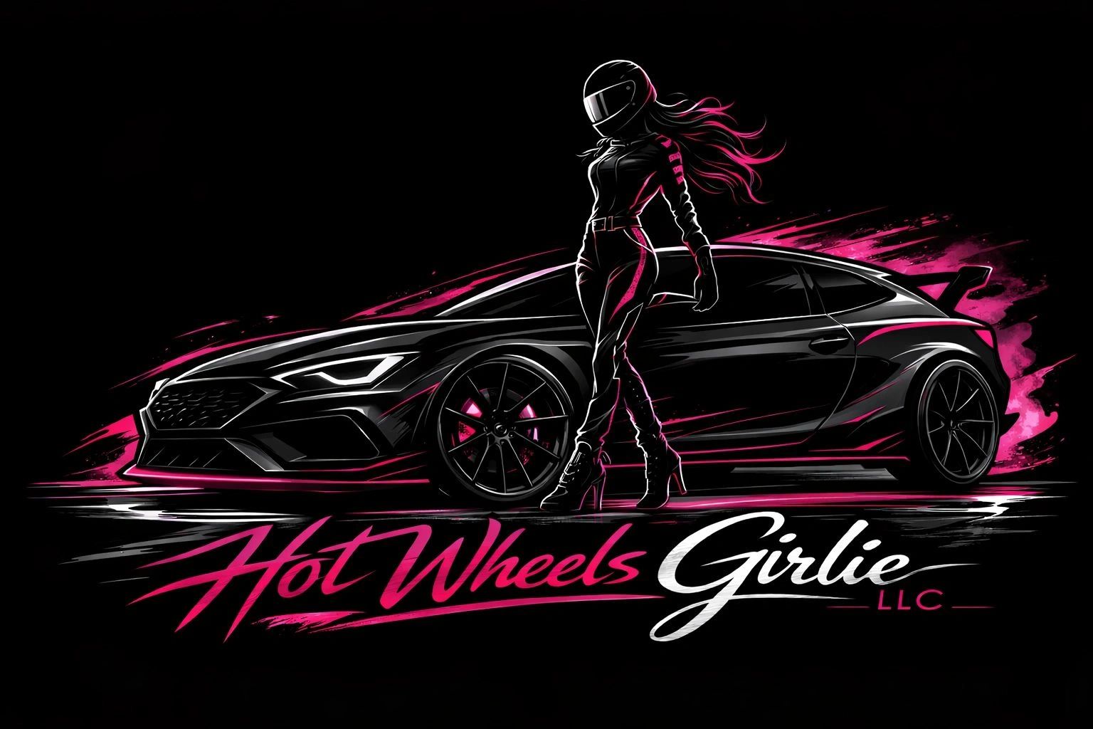 Stylish woman in racing gear stands beside a sleek sports car with vibrant pink accents and 'Hot Wheels Girlie LLC' text.