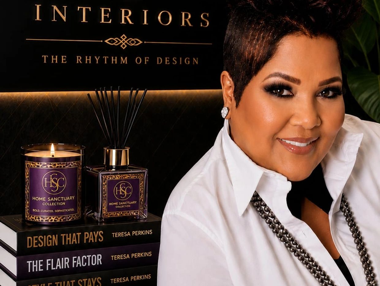 Woman smiling beside candles and books on interior design.