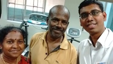 Founder with stroke recovery patient and ex-serviceman at MIOT International Hospital