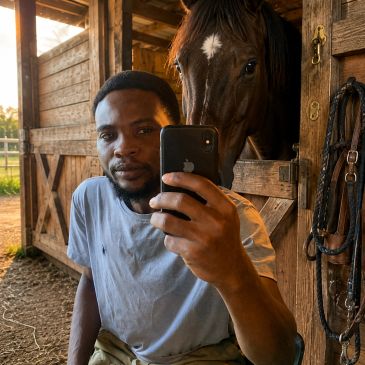 A man takes a selfie with a horse inside a wooden stable during golden hour.