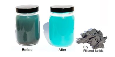illustration of a jar of dirty coolant prior to filtration, a jar of clean coolant after filtration and a lump of dry filtered solids known as cake