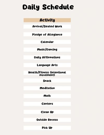 A daily schedule listing various school activities from arrival to pick up.