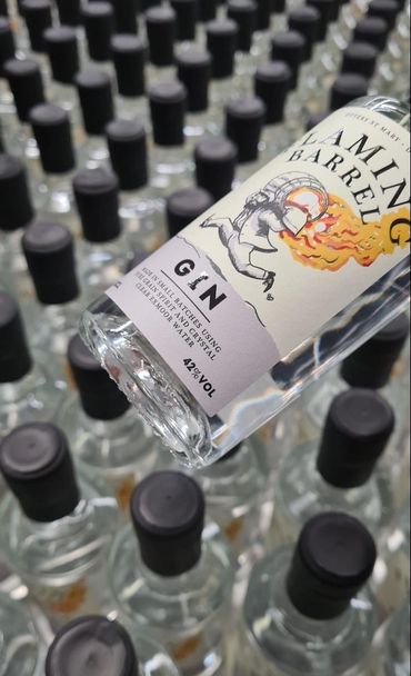 Flaming Barrel Gin 70cl bottle in production