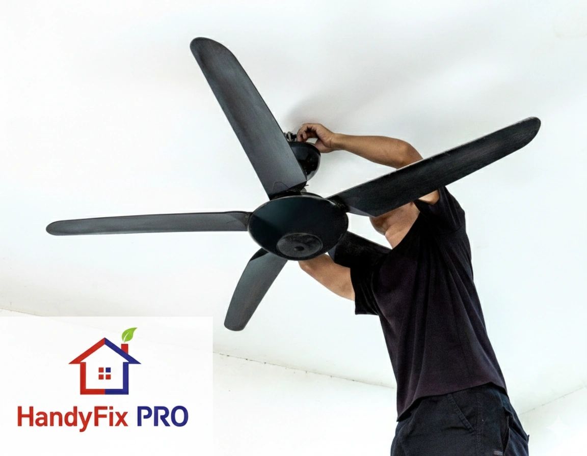 Technician installing a black ceiling fan indoors.