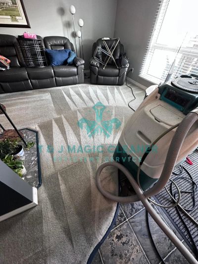 Freshly cleaned carpet with vacuum cleaner and leather chairs.