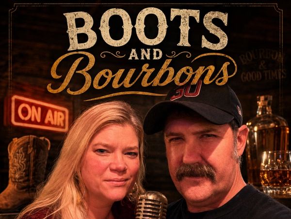 Two people with a microphone and bourbon bottles, Boots and Bourbons sign.