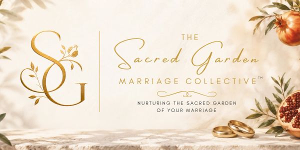 Elegant logo for The Sacred Garden Marriage Collective with wedding rings.