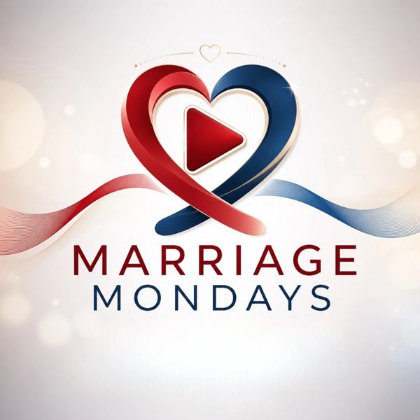 Logo for Marriage Mondays with intertwined hearts and a play button.