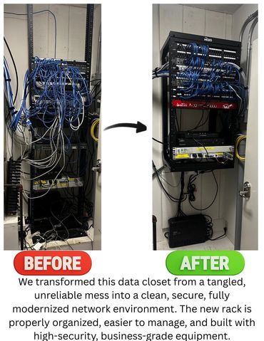 Before and after images of a tangled network closet transformed into a clean, organized rack.
