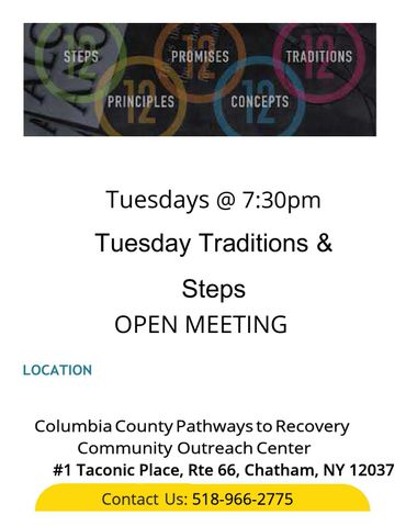 Tuesday Traditions & Steps open meeting at 7:30pm in Chatham, NY.