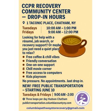 CCPR Recovery Community Center offers drop-in support with free coffee, friendly conversation, and job help in Chatham, NY.