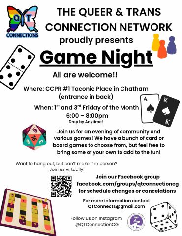 Flyer for Queer & Trans Connection Network's game night event with various board and card games.