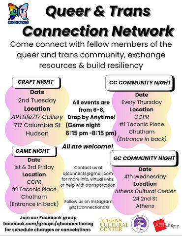 Queer & Trans Connection Network event schedule with various community nights and locations.