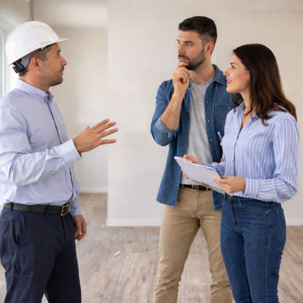 A construction worker discusses plans with a couple inside a house.