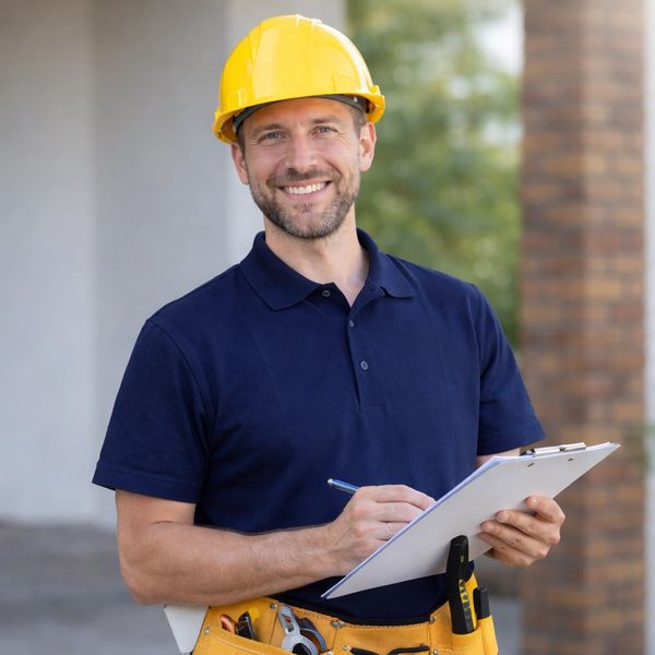 Smiling construction worker in a yellow hard hat holding a clipboard outdoors.