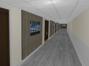 3D CAD of acoustical slat with acoustical wall art in hotel conference center hallway