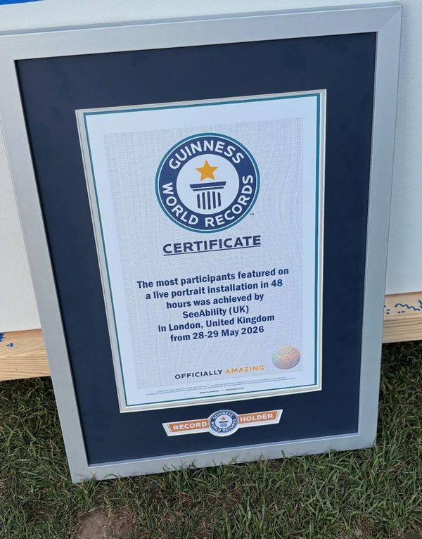 Framed Guinness World Records certificate for a live portrait installation event in London.