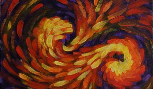 Small acrylic painting of swirls done with red, yellow, and orange with hints of purple on black
