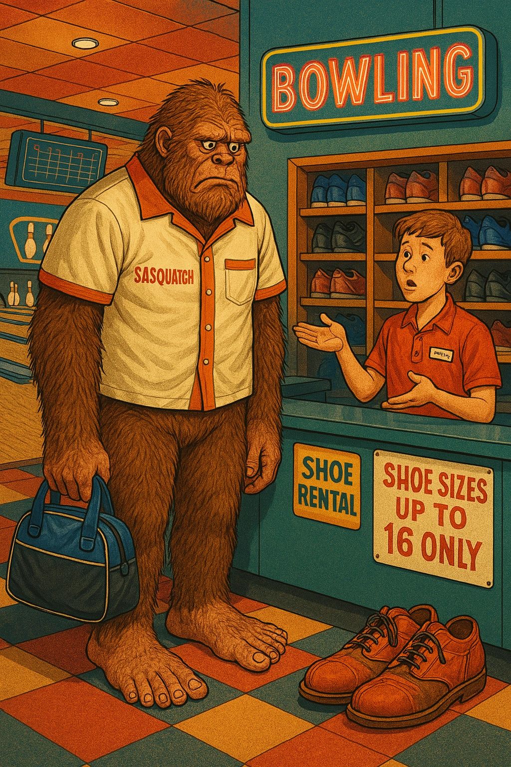 Frustrated sasquatch deals with small shoe sizes at the bowling alley