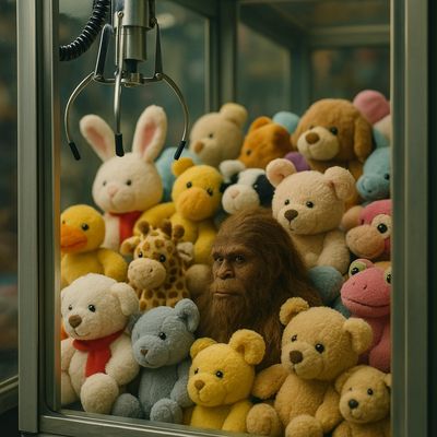 Sasquatch trapped in a stuffed animal claw machine