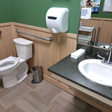 Clean, accessible public restroom with green walls and wood paneling.