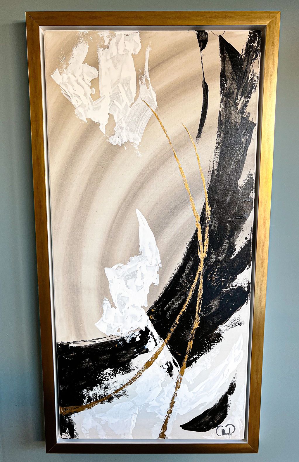 Large horizontal production artwork with gold leaf frame.