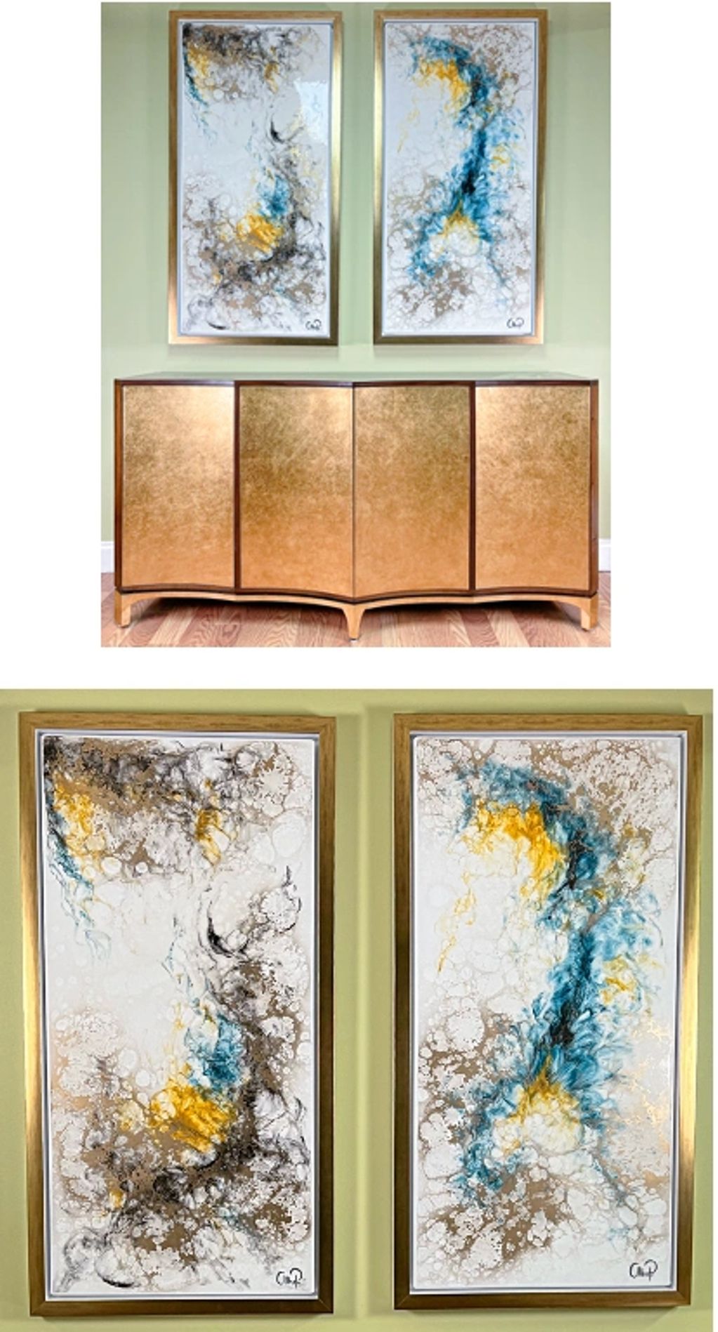 Set of 2 horizontal production artwork with high gloss finish and gold leaf frame.