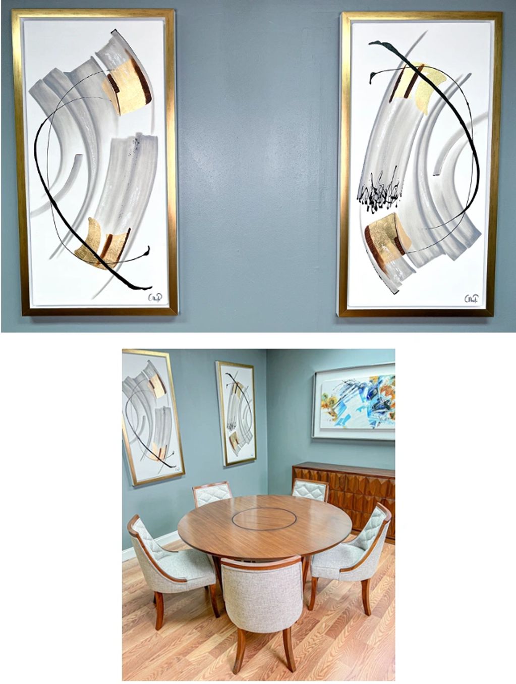 Set of 2 production artwork with gold leaf frame.