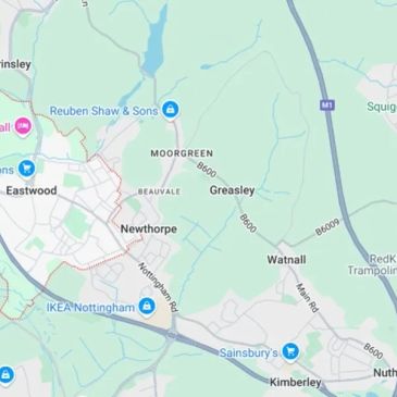 Map showing areas near Eastwood, UK.