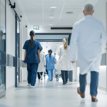 Medical staff walking down a hospital corridor.