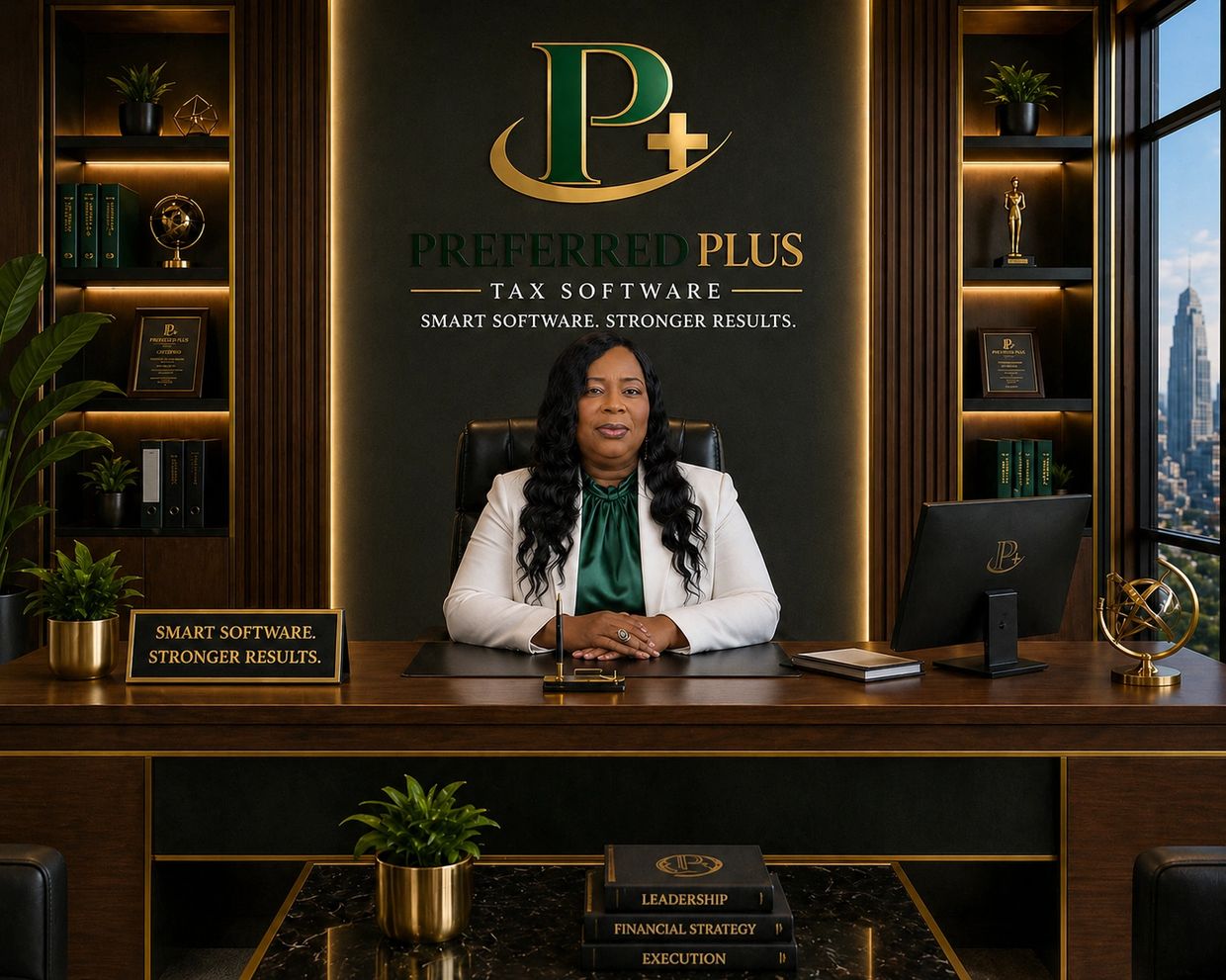 Professional woman at a sleek office desk for Preferred Plus Tax Software.