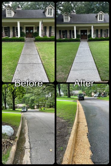Before and after photos showing yard and street curb improvements.