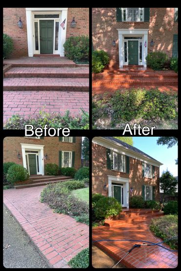 Before and after photos of a house's brick steps and walkway cleaned and restored.