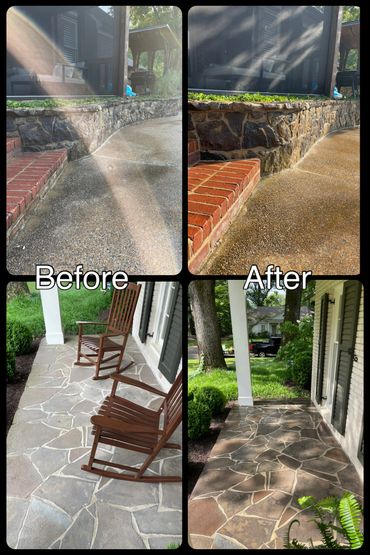 Before and after photos of cleaned and restored outdoor stone and brick patios.