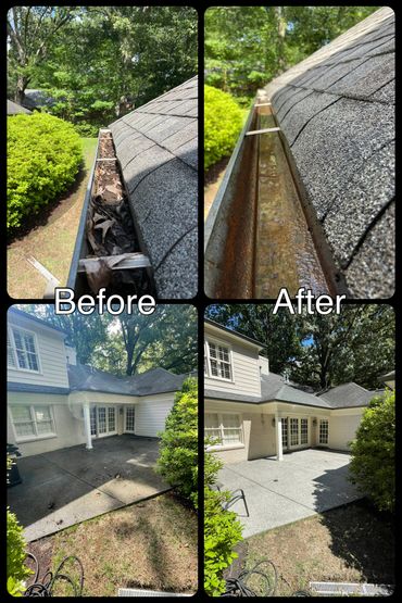 Before and after photos of a cleaned gutter and patio area at a house.