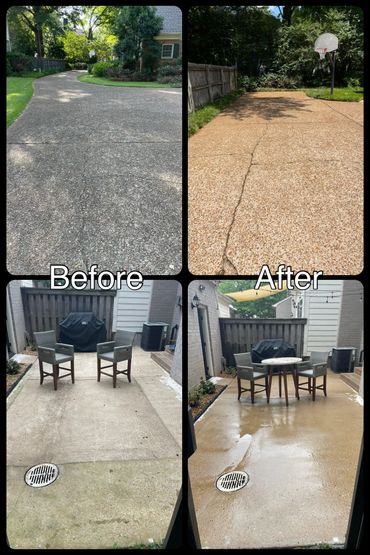 Before and after images of driveway and patio showing cleaning and restoration.