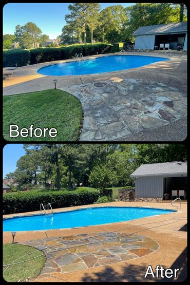 Before and after photos showing a pool patio renovation with new stonework and cleaner surroundings.