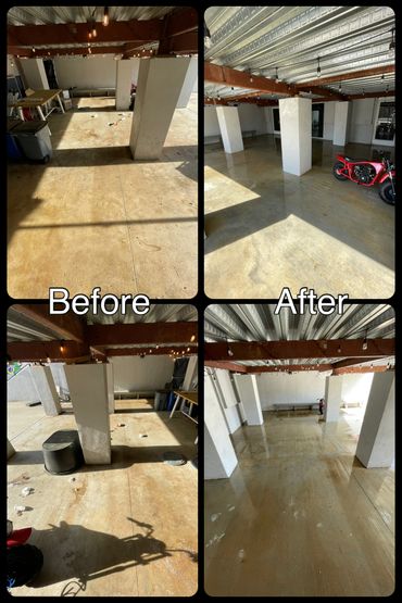 Before and after cleaning of a concrete floor in a garage or parking area.