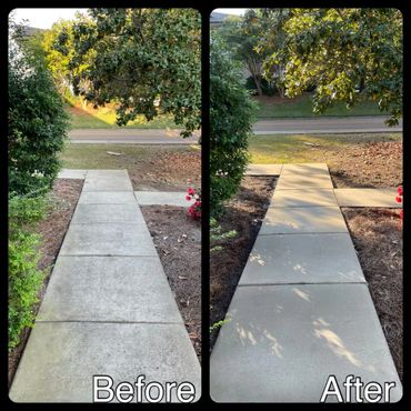 Side-by-side before and after photos of a cleaned concrete walkway.