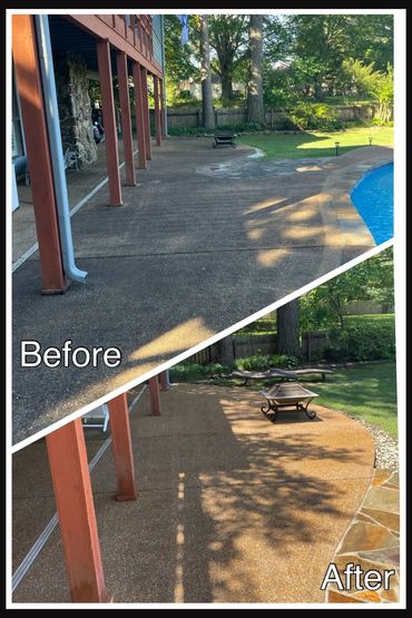 Before and after photos of a patio renovation with a brighter, cleaner surface.