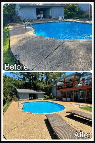 Before and after images of a backyard pool area renovation.