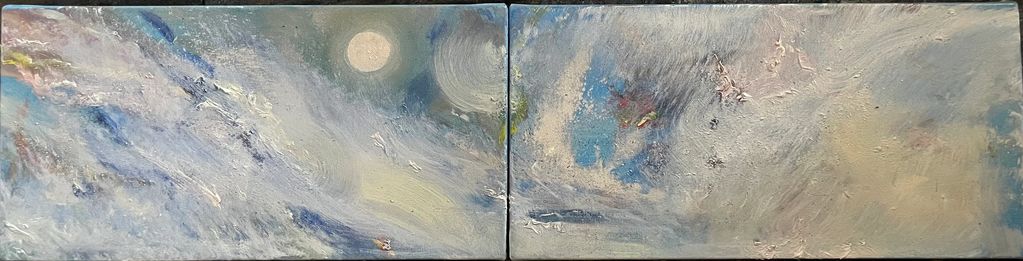 This Untitled diptych is two panels with iridescent Moon in Motion
oil on canvas.  The feeling is of