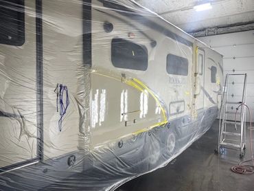 RV body and paint work in paint booth in Zionsville Indiana