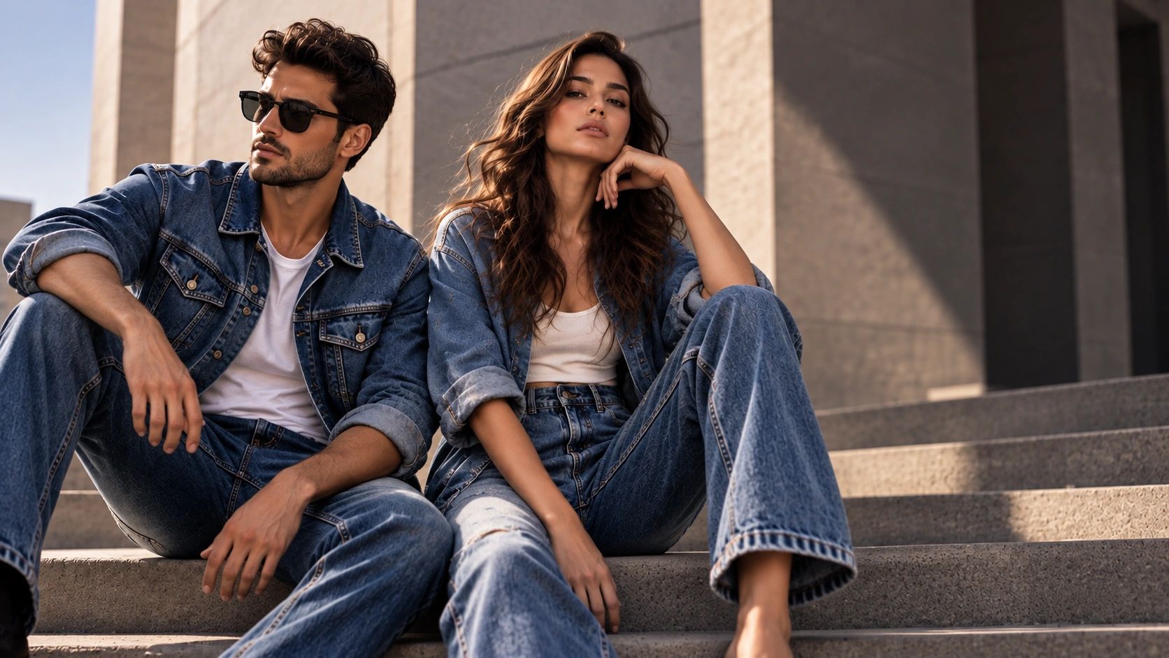 DIMODA Designers denim collection featuring a woman and man in refined contemporary denim.