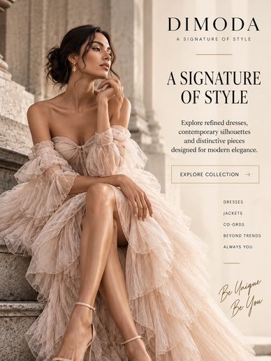 Elegant woman modeling a layered dress for DIMODA fashion.