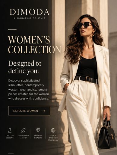 Elegant woman in white suit promoting women's fashion collection.