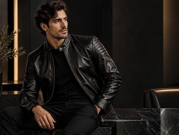 Man wearing a black leather jacket sitting on a marble surface.