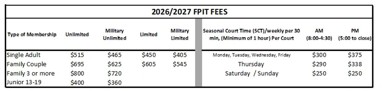 2026/2027 FPIT fees for memberships and seasonal court time.