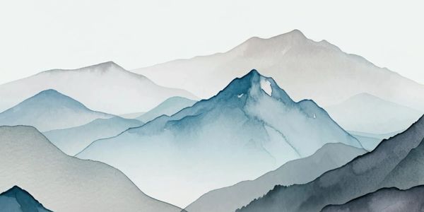 A serene watercolor painting of layered blue and gray mountains.
