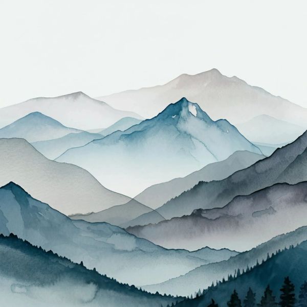 A serene watercolor painting of layered blue and gray mountains.